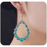 Western Turquoise Earrings for Women Large Silver Statement Drop Earrings Vintage Boho Teardrop Dangle Earring Western Country Jewelry Accessories