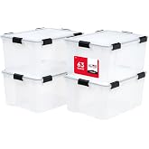IRIS USA WeatherPro Storage Bins with Lids, 63 Qt, Clear, 4 Pack | Heavy-duty gasket seal protects food, clothing, camping gear, tools, emergency supplies, and keepsakes from moisture.