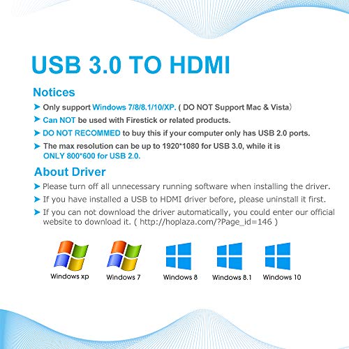 USB to HDMI Adapter, HD Audio Video Cable Converter, USB 3.0/2.0 to HDMI for Multiple Monitors 1080P, Compatible with Windows XP/7/8/8.1/10 (Not Support Mac, Linux, Vista, Chrome) (Black)
