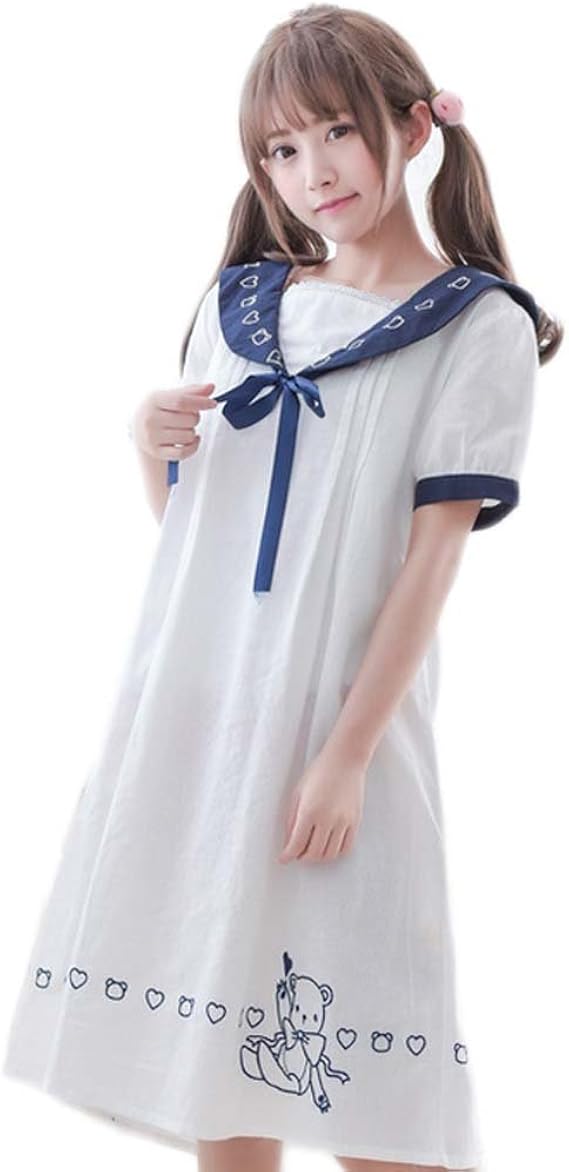 Amazon Co Jp Tokuonn ワンピース 萌え レディース セーラー襟 くま ハート刺繍 半袖 森ガール 清純派 ホワイト 服 ファッション小物