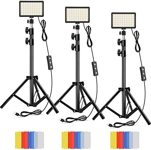 Led Video Lighting Package Dimmable 5600K USB 70 LED Video Mild with Mini Adjustable Tripod Stand and Coloration Filters for Desk High/Low Angle Photograph Video Studio Taking pictures (3 Pack)