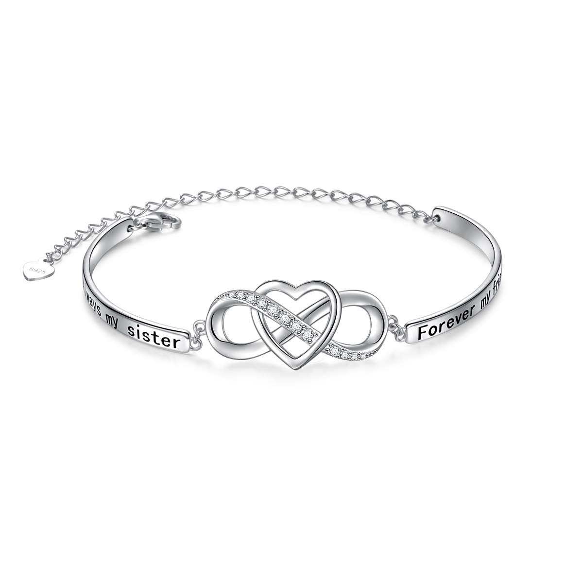 Flyow 925 Sterling Silver Infinity Love Heart Bracelet With Message Always My Sister, Forever My Friend, Adjustable Sister's Bracelets Friendship Jewelry for Mother Sister Daughter Friends