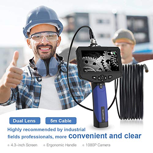 Industrial Endoscope, ScopeAround Dual Lens 4.3 Inch Screen Inspection Camera 1080P HD Waterproof Borescope with 6 Adjustable LED Lights, 2600mAh Battery, Tool Box (5m/16.5ft)