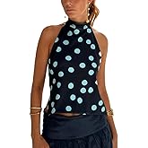 Juakoso Women Graphic Sleeveless Mock Neck Tank Top Backless Floral Print Halter Top Trendy Polka Dot Blouse Vacation Clothes