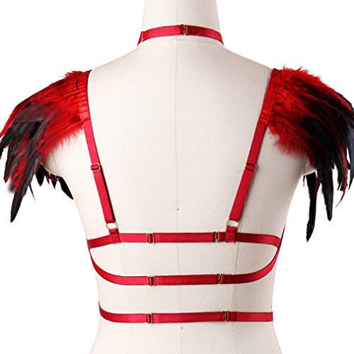 Red Feather Harness Caged Bralette Epaulette Wings Body Crop Top Plus Size Goth Fetish Art Clothing - Thumbnail 7
