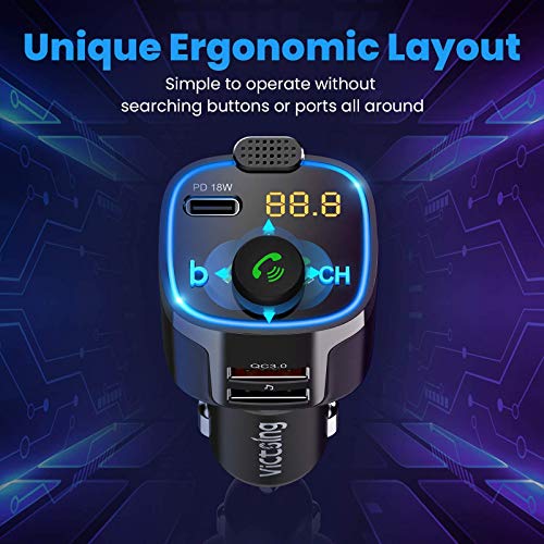 VicTsing BH-477 V5.0 FM Transmitter for Car, QC3.0+PD18W Wireless Char-ger Audio Adapter, Bass Sound Music Player, Hands-Free Calling Radio Receiver with 3 USB Ports