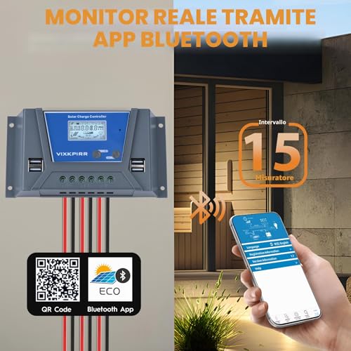 30A Solar Charge Controller 12V 24V 36V 48V with Bluetooth, PWM 30A Charge Controller Solar Panel with LCD Temperature Sensor Backlit Display 4 USB Ports for Lead and Lithium Batteries