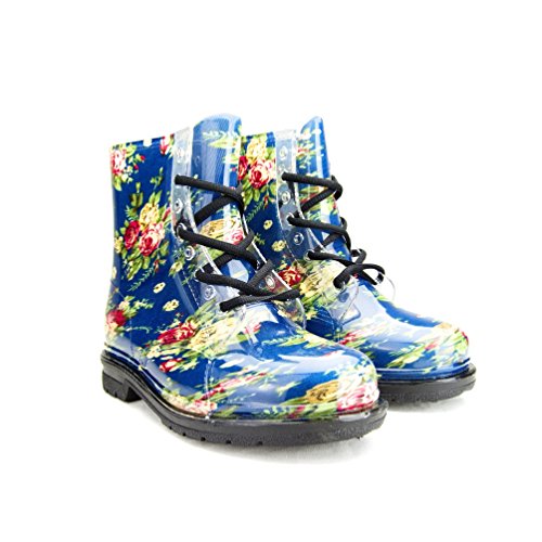 Chemistry Women's Ankle Flat Blue Rose Flower Transparent Clear Jelly Martin Rain Boots (7 B(M) US)