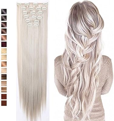26 Straight Ash Blonde Mix Silver Grey Clip In Hair Extension