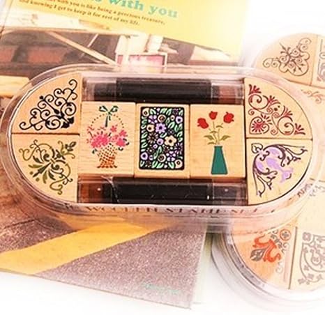 Amazon Co Jp 可愛い フェイバリット 木製 色んな花柄 レース 枠 スタンプ 7種 4色インク付 角 ノート 手帳 手紙 カレンダーにも最適 花柄セット ホーム キッチン