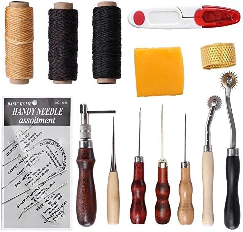 SUNHE 14 Pcs Leather Craft Hand Stitching Sewing Tools Thread Awl Waxed Thimble Kit for Sewing Leather,Canvas or Other Leathercraft Projects