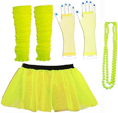 Kids Neon Colours UV Tutu Gloves Leg Warmers and Beads 1980s Fancy Dress (Yellow)