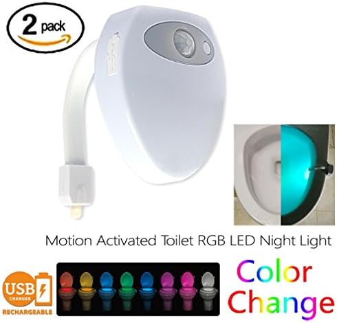 HONGZHESHEN Toilet Night Light ,Rechargeable LED Toilet Light with Waterproof Design, with 8 Color Changes Motion Activated Sensor Night Lamp (2 Pack)