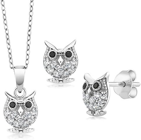 Gem Stone King 925 Sterling Silver Owl Pendant Earrings Set For Women With 18 Inch Silver Chain