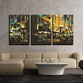 3 Piece Canvas Wall Art - Night Scene Cityscape,Abstract Art Painting - Modern Home Art Stretched and Framed Ready to Hang - 16"x24"x3 Panels