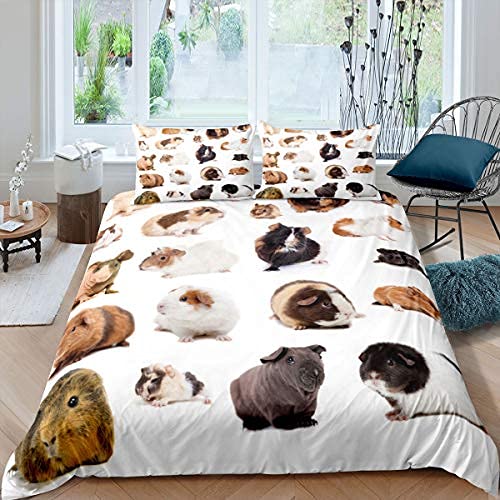 Guinea Pig Comforter Cover Kids Rodent Breeds Bedding Set King Size Cute Animal Pet Theme Duvet Cover For Children Boys Girls Toddler Bedroom Lovely Guinea Pig Quilt Cover White