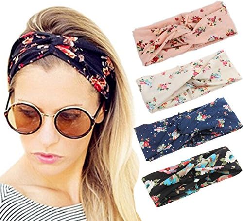 JALIYO Women's Headbands Headwraps Elastic Floral and Bowknot Cross Hair Band (4 Pack, Boho Floral 2)