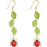 Green Leaf Ladybug Dangle Drop Earrings Vintage Gold Plated Acrylic Red Enamel Animal Long Tassel Dangling Lightweight Trendy Hypoallergenic Jewelry