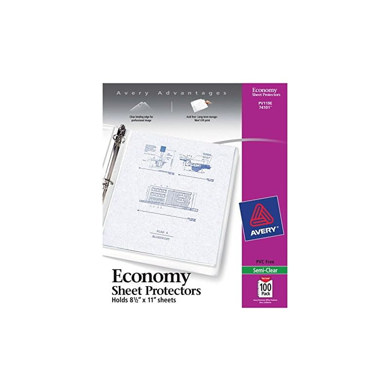 Avery Economy SemiClear Sheet Protectors, Acid Free, Box of 100 (74101