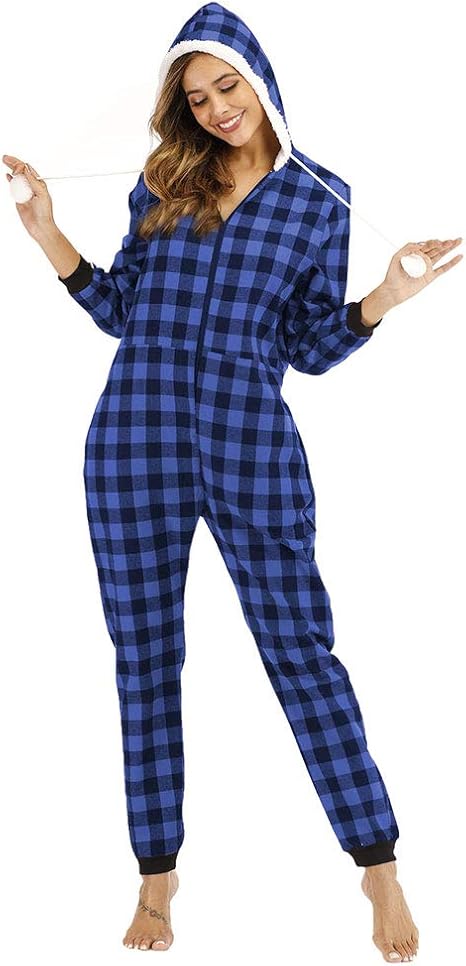 Amazon Co Jp レディーススーパーソフトワンピースジャンプスーツパジャマフランネルワンピースラウンジウェアチェック柄プリントフード付きジャンプスーツ フード付きジップアップジャンプスーツ 女性用 ブルー S ホーム キッチン