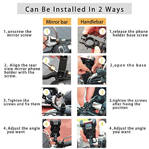 Motorcycle Phone Mount with Charger 5V 2.4A USB Port Install on Handlebar/Mirror Bar, Leepiya Cell Phone Holder for iPhone X 8 7 6 5 Plus, Galaxy S9 S8 S7 S6 Plus and All 3.5 to 6" Mobile Phone/GPS