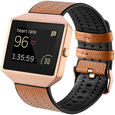 Fitbit Blaze Bands with Frame, TENGL Leather TPU Replacement Sport Strap with Rose Gold Frame for Fitbit Blaze Smart Fitness Watch, Large Small, Brown