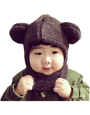 2 In 1 Baby Kids Warm Winter Hats Thick Woolen Earflap Hood Hat Scarves Cute Bear
