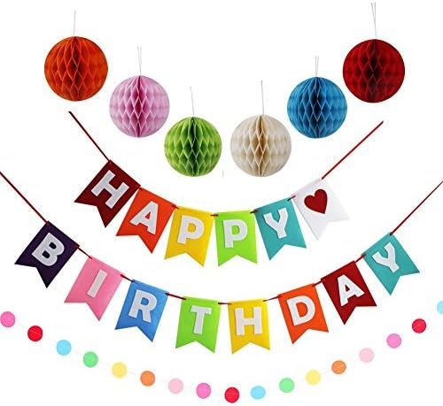 Happy Birthday Decorations Banner With Rainbow Garland and Colorful Pom Poms for Party Supplies