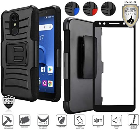 Alcatel Avalon V/1X Evolve/TCL LX/idealXtra case, Tempered Glass Screen Protector, Premium Holster Hybrid Combo Case [Clip] with Stand [Shockproof] [Armor] (Black)