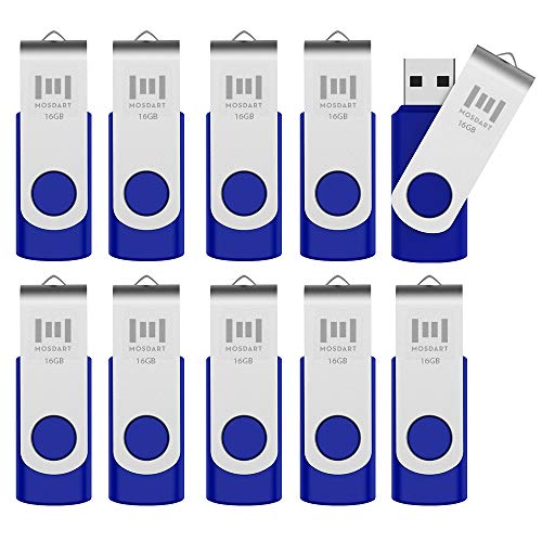 MOSDART 16GB 10pcs USB 2.0 Bulk Flash Drives Swivel Design Memory Stick Storage with Led Indicator,10 Pack Blue