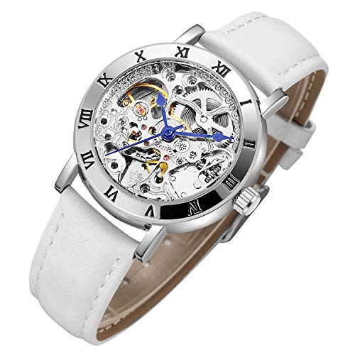 IK Women's Steampunk Automatic Mechanical Watch, Genuine Leather Watch Band Strap Self Winding Lady Dress Wrist Bracelet Watch - White