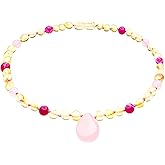 Genuine Amber Necklace From Baltic Sea Made With Polished Lemon Rose Quartz & Red Agate 33 cm (13 Inches)