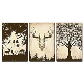3 Panel Canvas Wall Art - Vintage Style Forest with Deer and Trees - Giclee Print Gallery Wrap Modern Home Art Ready to Hang - 16"x24" x 3 Panels