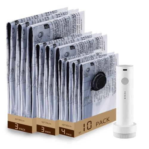 10 Vacuum Bags + Cordless Electric Pump – Multiple Sizes (3×60×80/3×50×70/4×40×60 Cm) Reusable PA+PE, Save 80% Space, Ideal for Travel & Daily Storage