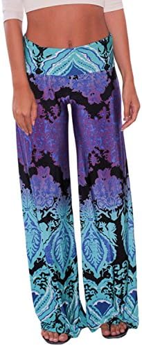 Bdcoco Women's High Fold Over Waist Wide Leg Boho Print Palazzo Pants Plus Size