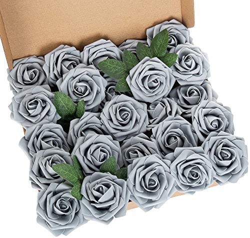 Ruiuzioong Artificial Flowers, 25pcs Real Touch Foam Roses DIY Flowers for Wedding Bouquets Centerpieces Arrangement Party Baby Shower and Home Decor (Grey, 25pcs)