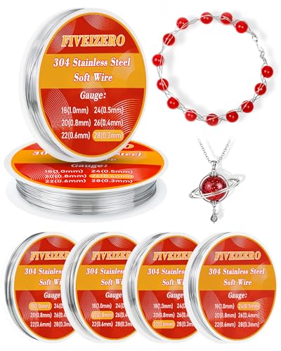 FIVEIZERO Stainless Steel Wire for Jewelry Making,Include 18/20/22/24/26/28 Gauge 304 Stainless Steel Beading Wire Thin Metal Craft Wire for Necklace,Bead Stringing,DIY Jewelry,Floral and Home Crafts