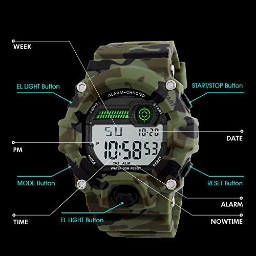 Venhoo Digital Kids Watches Outdoor Sport Waterproof Electronic EL-Light with Alarm Stopwatch Luminous Casual Military Wrist Watch Gift for Kids Boys Girls (9-18 Camouflage) - Thumbnail 3