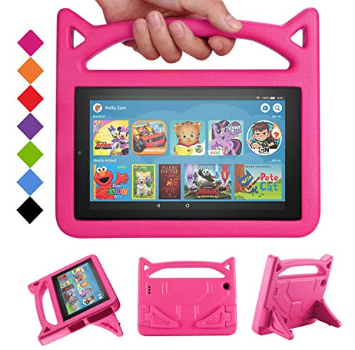 2019 Fire 7 Tablet Case for Kids -SHREBORN Kids Shock Proof Case Cover with Handle and Stand for Amazon Kindle Fire 7 Inch Tablet (Compatible with 9th/7th/5th Generation, 2019/2017/2015 Release)-Rose