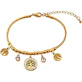 KROSS KULTURE 18K Gold Plated Tree of Life Charm Bracelet for Women – Stainless Steel Snake Chain, Waterproof Hypoallergenic Non-Tarnish Adjustable Spiritual Jewelry Gift