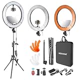 Neewer LED Ring Light 18-inch Outer Diameter with Top/Bottom Dual Hot Shoe, Mirror, Smartphone Holder, Light Stand, Soft Tube, Color Filter for Makeup Facial Beauty Portrait Video Shooting(US/EU Plug)