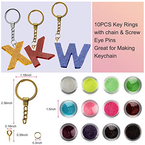 Apsung Alphabet Resin Silicone Molds, Casting Letter Number Silicone Mold Included Glitter Sequins, Key Rings, Screw Eye Pins for Making Keychains, Epoxy Resin Crafts, Pendant Jewelry