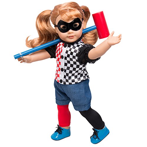 Dress Along Dolly Harley Quinn Inspired Doll Outfit - 6pcs Superhero Halloween Costume for American Girl and 18 Inches Doll