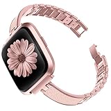 TOYOUTHS Stylish Bracelet Compatible with Fitbit Versa/Versa 2 Bands Women Slim Strap Replacement Wristbands for Versa Lite Special Edition Stainless Steel Metal+Leather Bangle Accessories Rose Gold