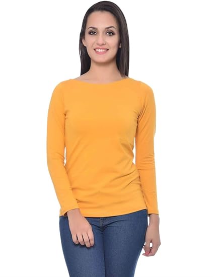 Women Boat Neck Cotton Spandex Mustard Top(XS-4XL)