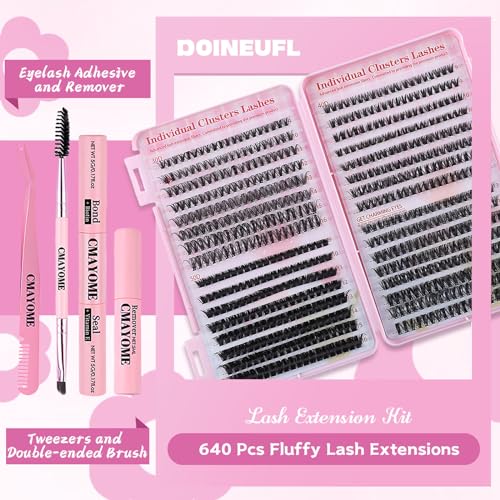 Eyelash Extension Kit 640pcs Individual Eyelashes Kit Cluster Lashes Individual CLuster 9-16mm DIY Eyelash Extension Kit with Lash Bond and Remover, Tweezers, Double-Ended Brush (30D-40D-50D)