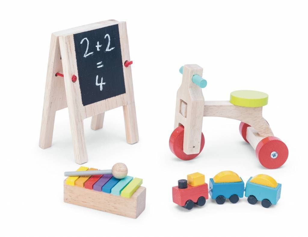 Le Toy Van Wooden PlayTime Dolls House Accessories Set With Chalkboard, Bike, Train and