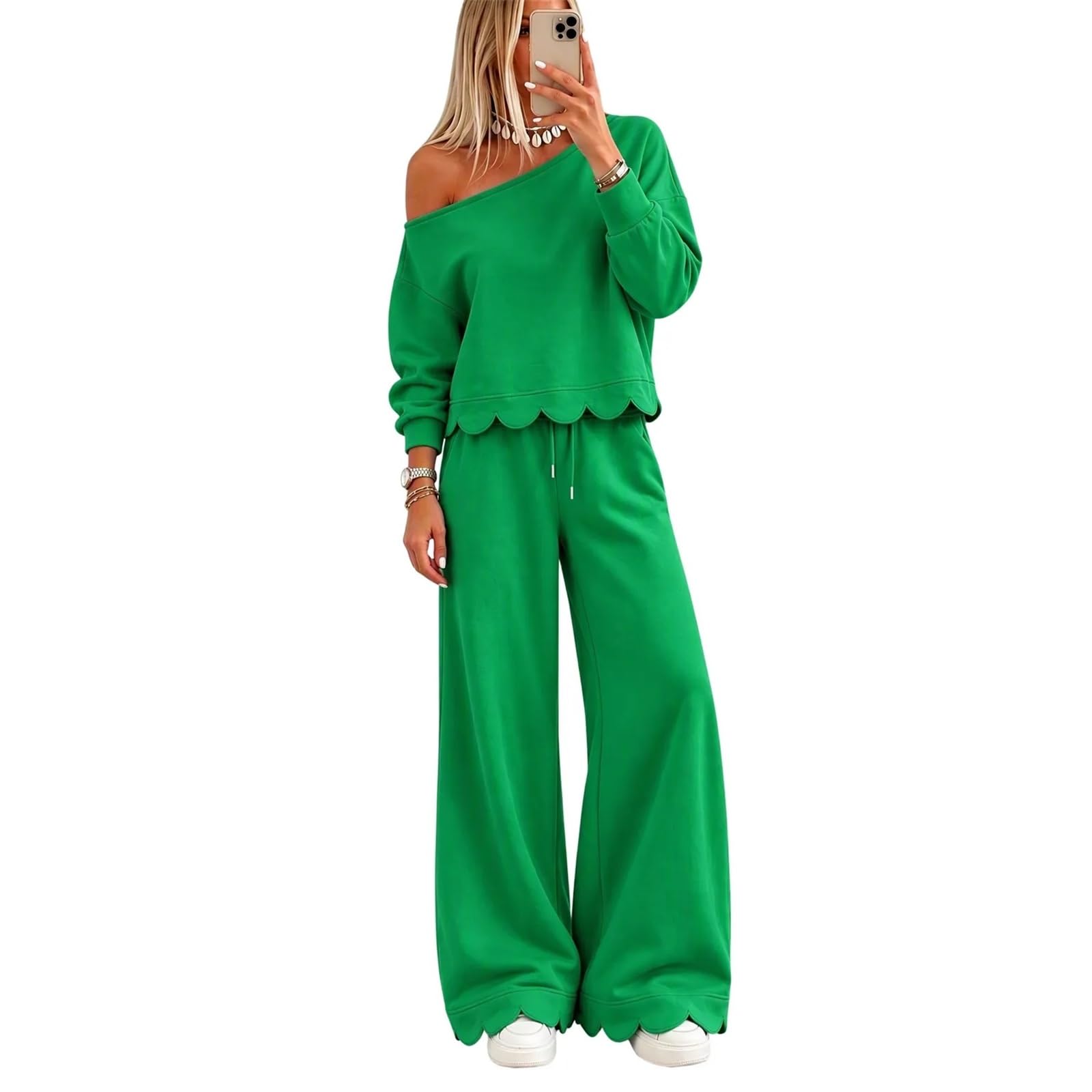 Sweatsuits Women 2 Piece Outfit, Polk Dot Sweatshirt and Sweatpants Set | Polk Dot Off The Shoulder Sweatshirt with Scalloped