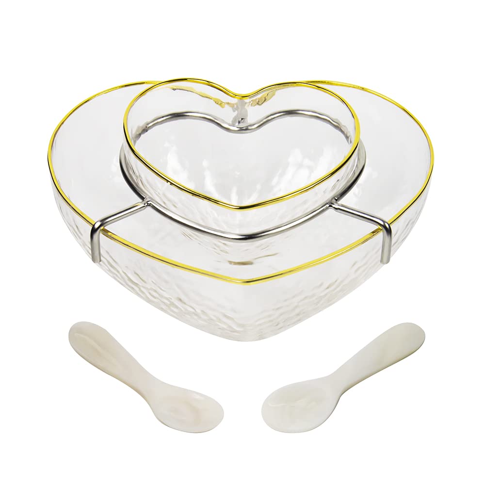 DUEBEL Glass Caviar Dish, Gold-Plating Edge Heart Shape Caviar Server Set Plus 2 pcs. x Mother of Pearl Spoon – Caviar Chiller, Shrimp Serving Chiller for Bar, Restaurant, Catering Events