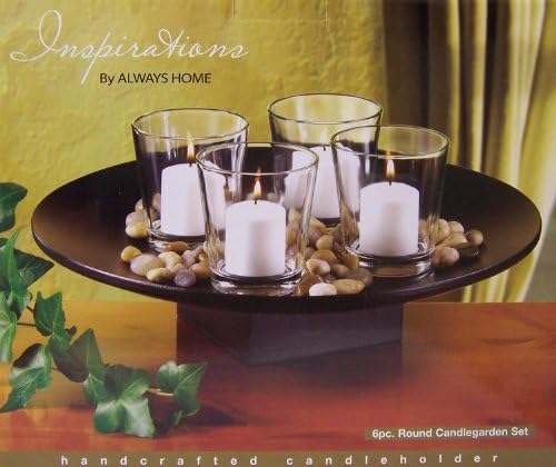 6-Piece Round Candlegarden Set - Includes Tray, 4 Candle Holders, Decorative Stones